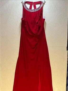 Alex Evenings Deep Red Beaded Halter Maxi Gown